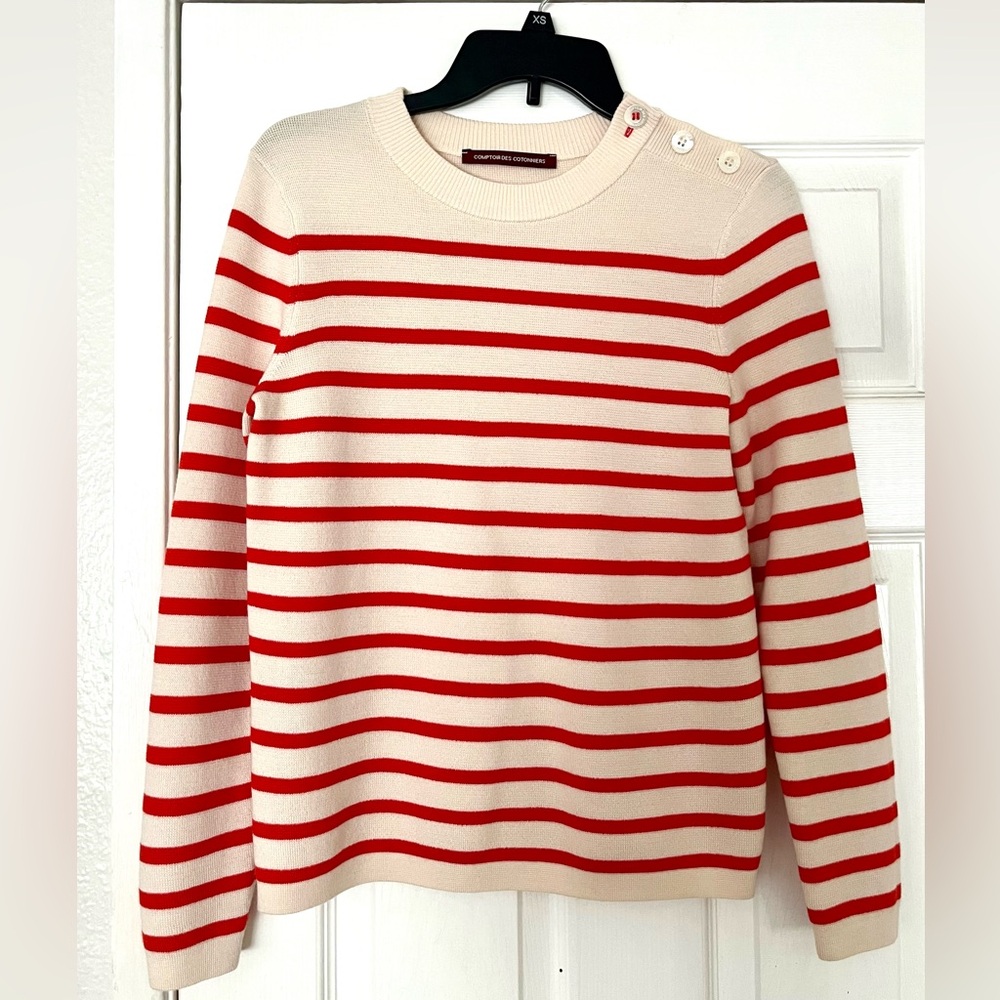 Comptoir des Cotonniers Wool Striped Sweater - Fiery Orange & Cream - Size XS/S